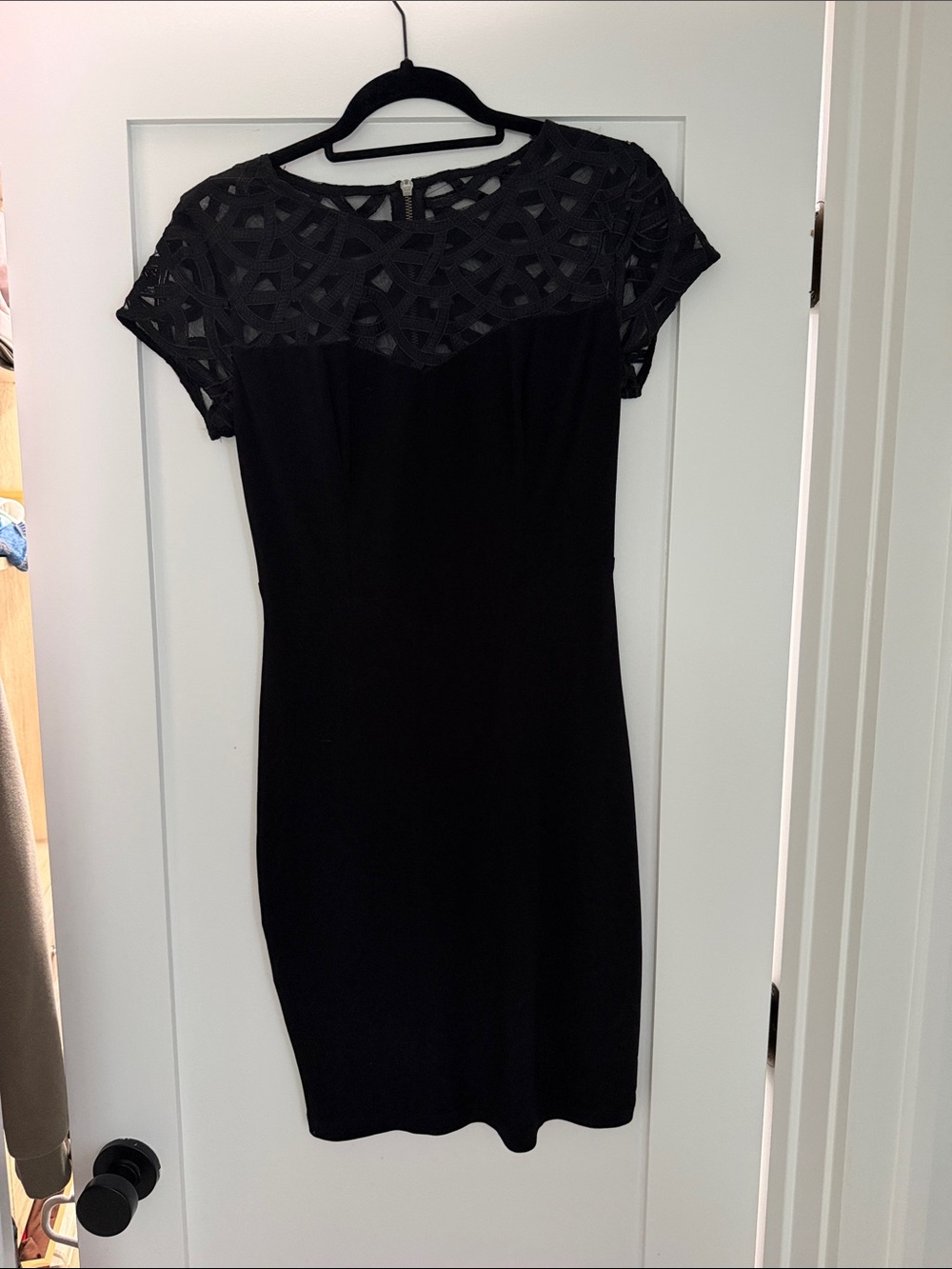 dressbarn Black Cap-Sleeve Sheath Dress with Lace Yoke